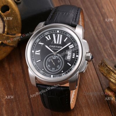 Replica Cartier Calibre de Cartier Men Watches SS Black Leather Strap